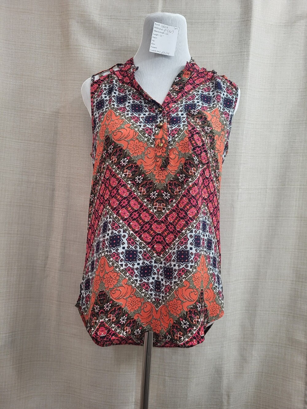 Takara Women's Multicolor Hi-Lo Sleeveless Blouse Tunic Boho Hippie Size Small